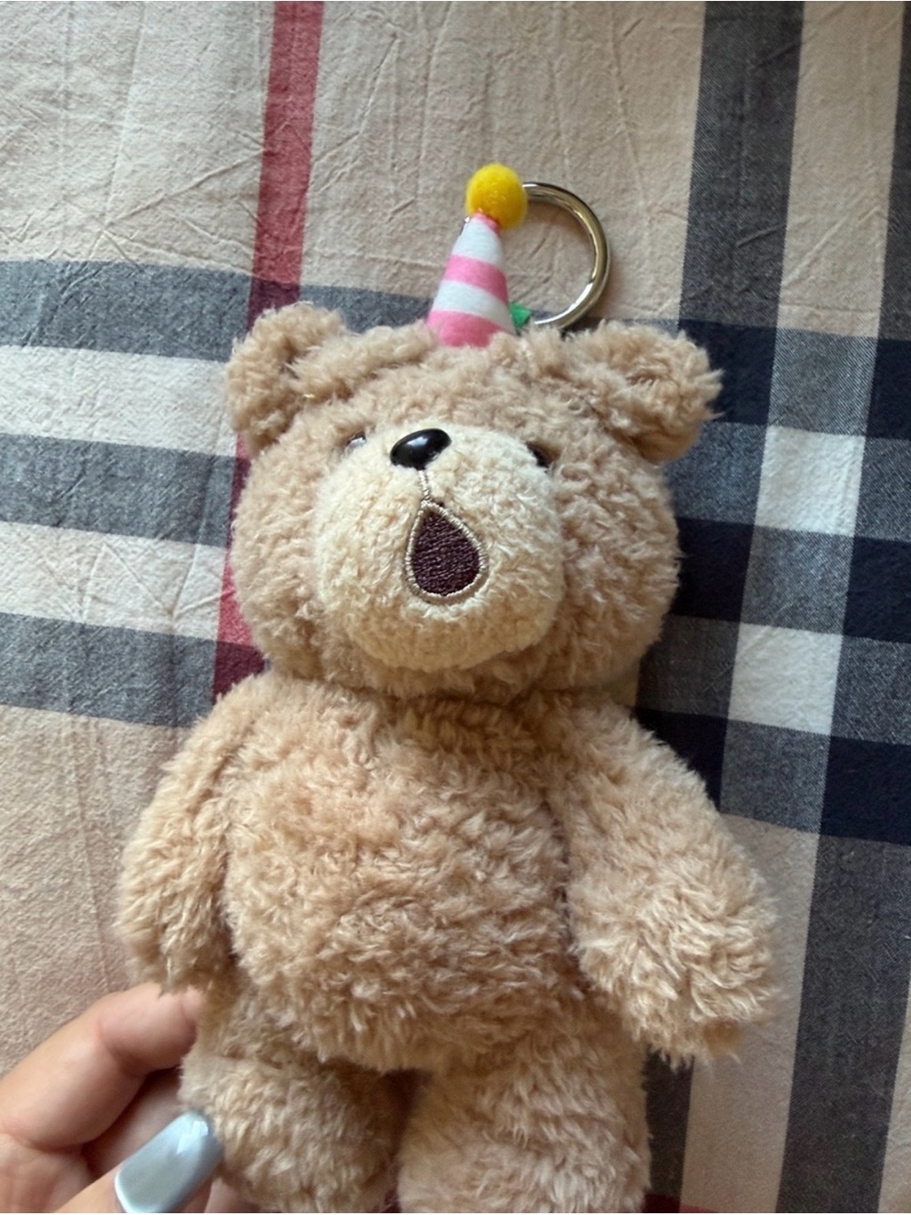 Plush Bear Keychain in Light Brown with Party Hat